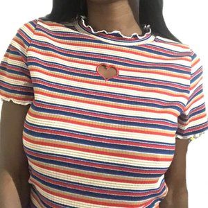 Heart Cut Out Lettuce Trim Striped Tee